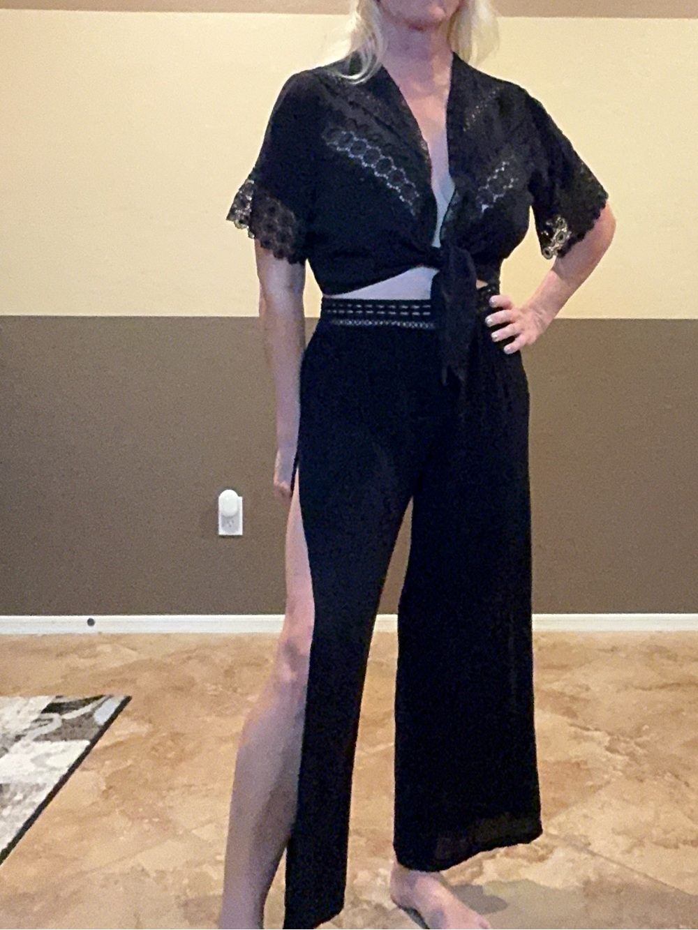 Black Crochet 2pc Swim Cover Up Set Crop Top palazzo Pants M